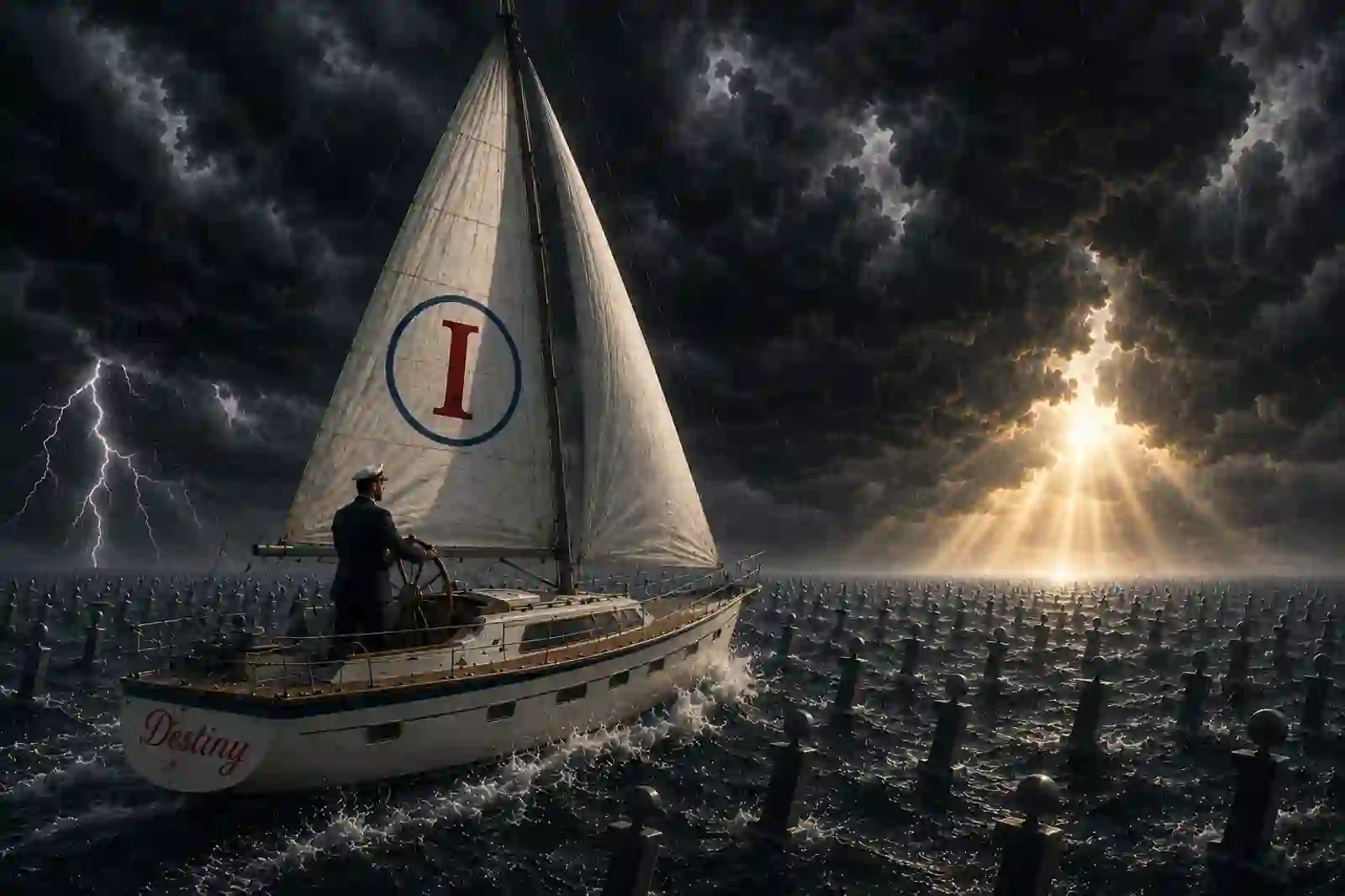 A captain at the wheel of the sailboat Destiny, navigating drowning lowercase 'i' symbols toward a column of divine golden light.